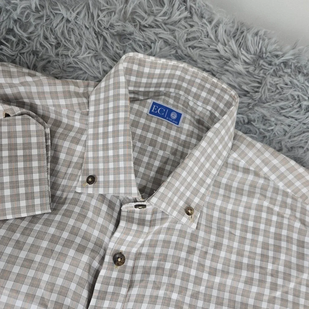 EC by Tom James Button Down Shirt Mens XL Tan Gingham Plaid Long Sleeve Dress